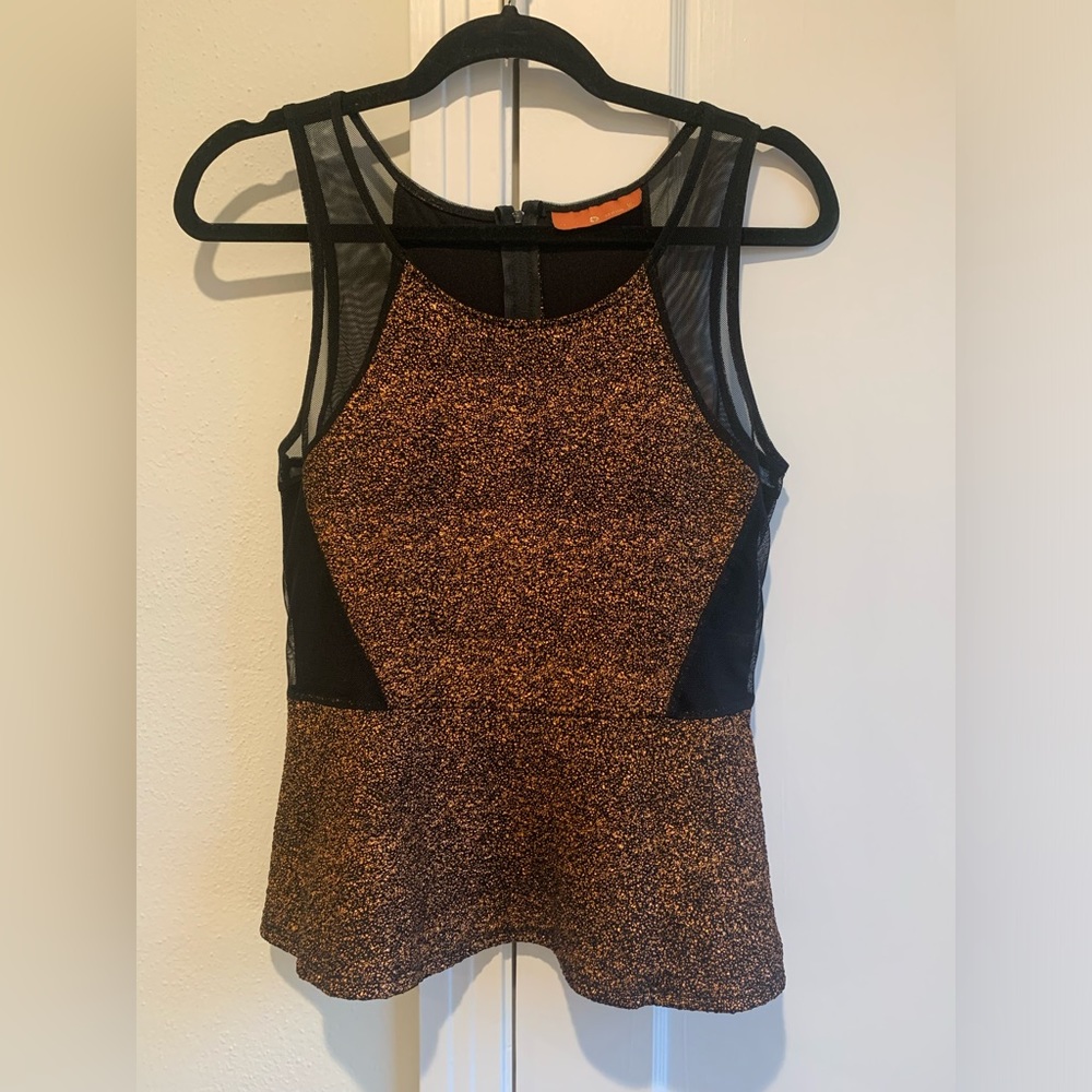 Mona Z Gold/Rust Metallic Top with slight peplum detail and sheer cut-outs